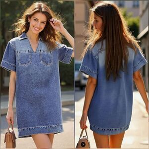 🩵⏭️NWOT Blue Denim Loose Straight Short Sleeve Dress Small